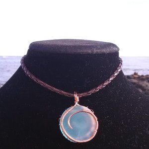 Copper Wrapped Light Blue Sea Glass Necklace